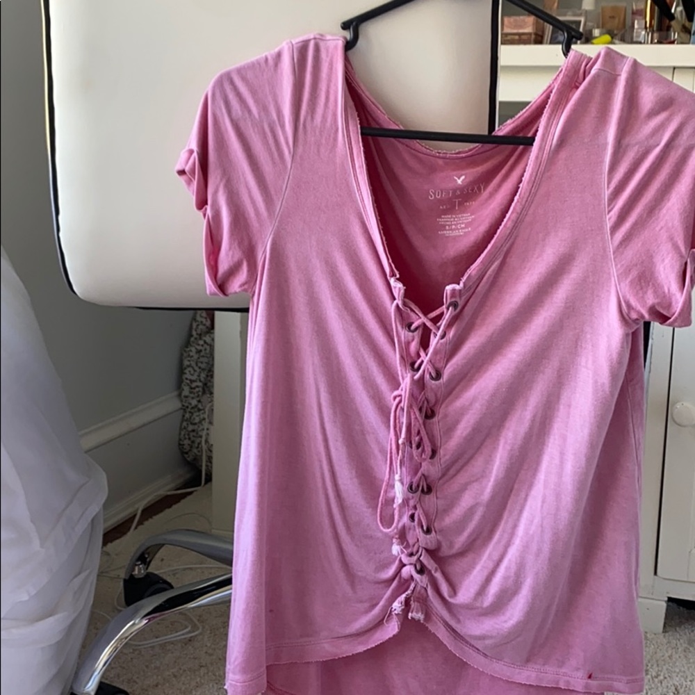 american eagle pink lace up shirt